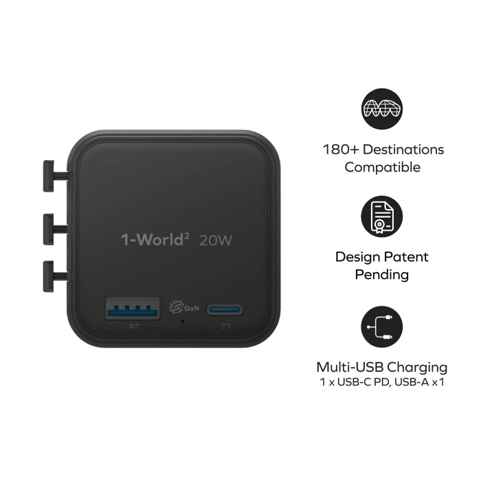 Momax 20W PD 2 Ports + Ac World Travel Hızlı Şarj Cihazı Siyah