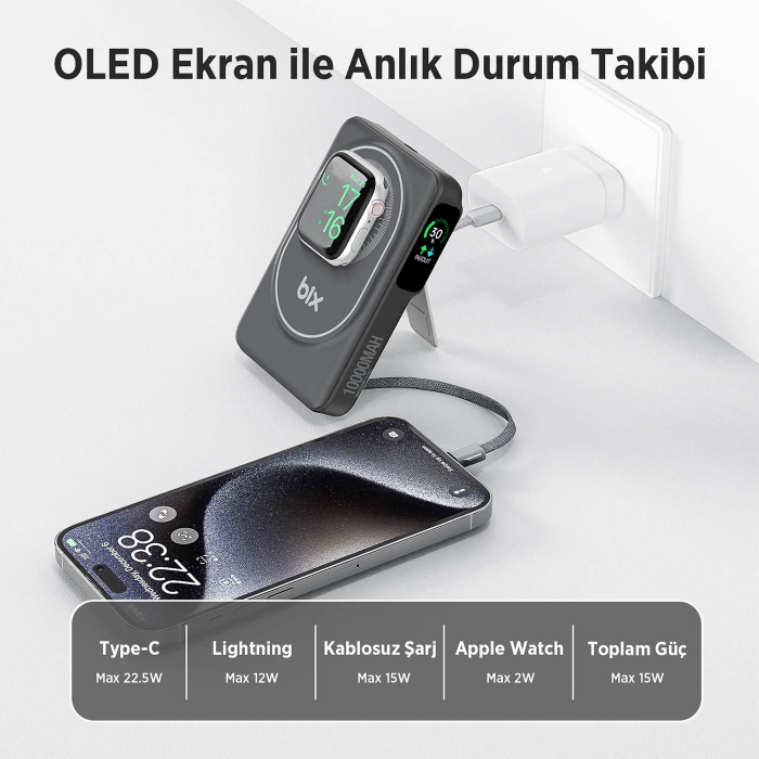 Bix Tpb16 10.000mah 6in1 Manyetik Oled Ekranlı Magsafe Powerbank Siyah Bix Tpb16 10.000mah 6in1 Manyetik Oled Ekranlı Magsafe Powerbank Siyah